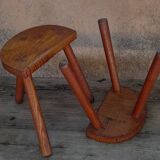 Duo of French half-moon farm stools tripod 60s