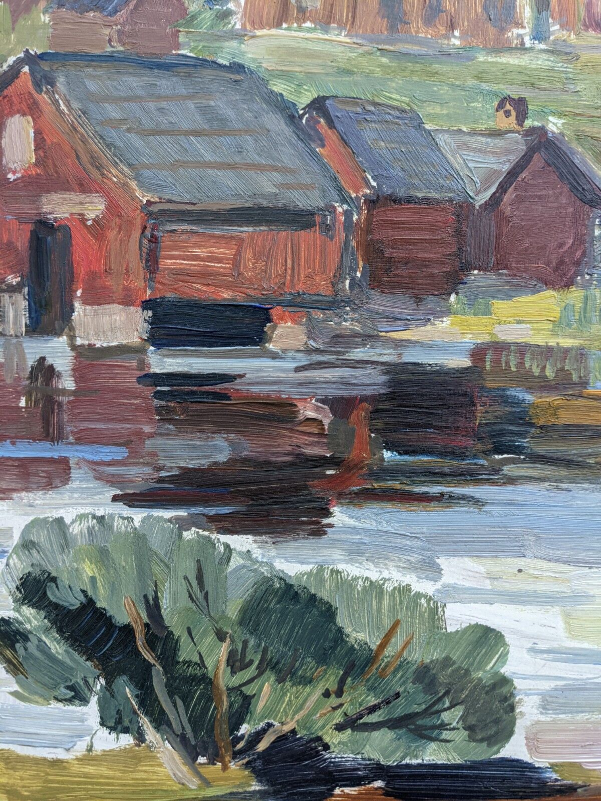 Mid-Century Modern "Lake Houses" Swedish Vintage Landscape Oil Painting, Framed