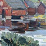 Mid-Century Modern "Lake Houses" Swedish Vintage Landscape Oil Painting, Framed