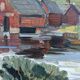 Peinture à l’huile de paysage vintage suédoise « maisons de lac » moderne du milieu du siècle, encadrée