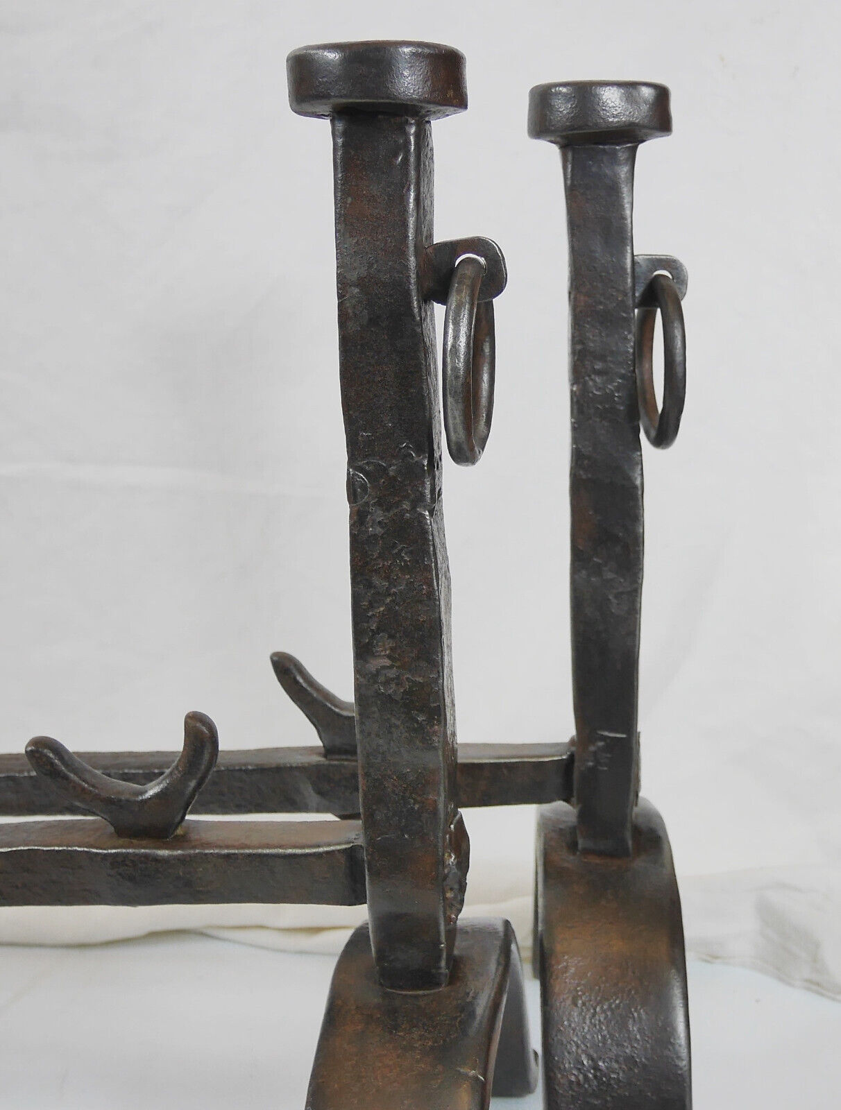 Old pair of chenet landier fireplace turns wrought iron spindle
