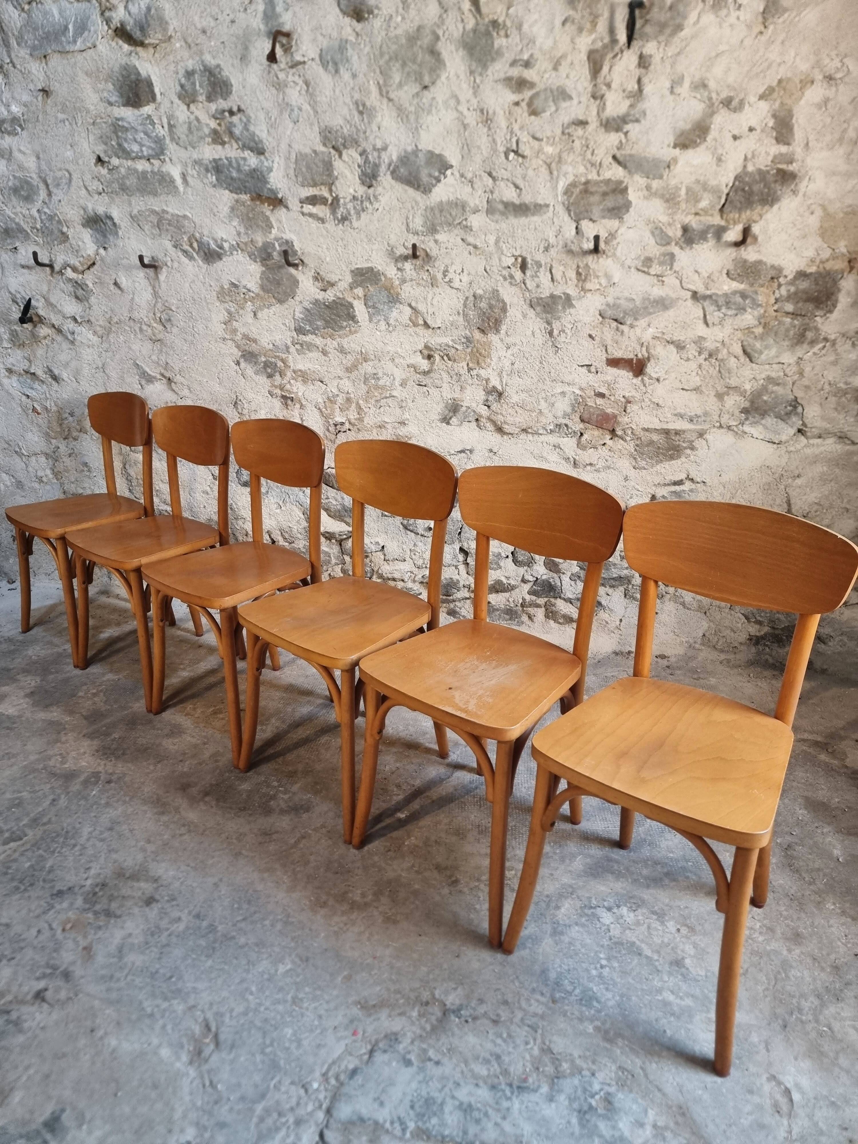 Ensemble de 6 chaises bistrot françaises vintage en bois courbé par Luterma, vers 1950–1970