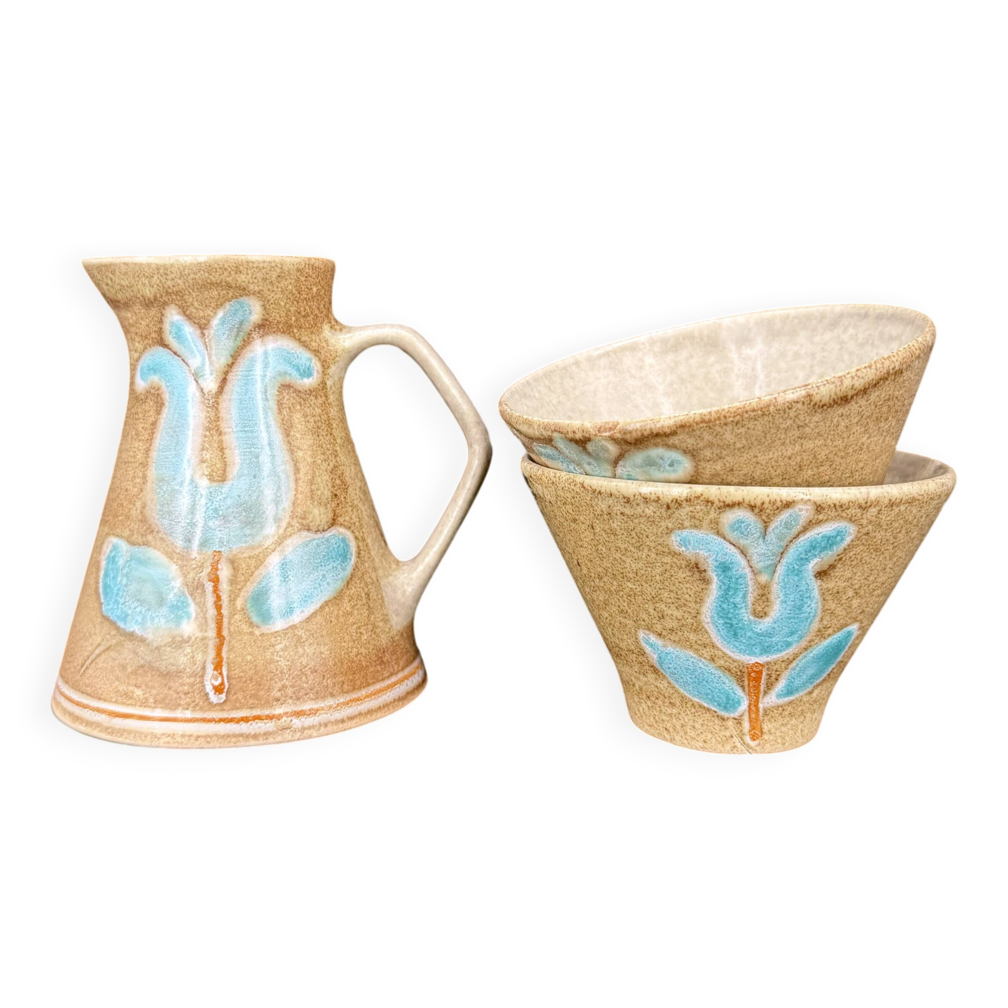 Grès breton peint main – Ensemble floral turquoise Manufacture Bretonne de