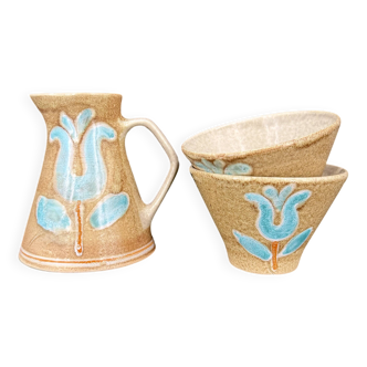 Grès breton peint main – Ensemble floral turquoise Manufacture Bretonne de