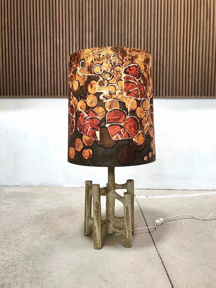 Large sculptural ceramic table lamp with textile batik lampshade, 1960s