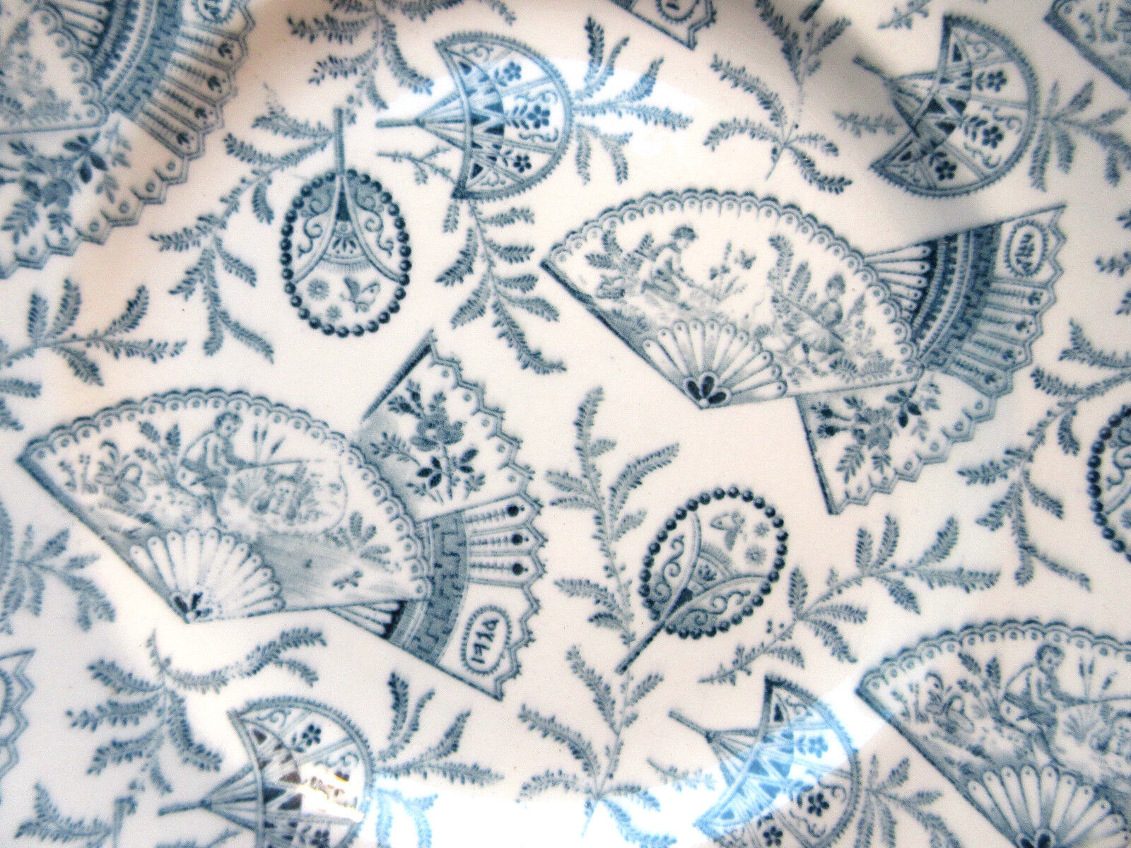 Art nouveau plate by longwy, grey-blue model: eventails