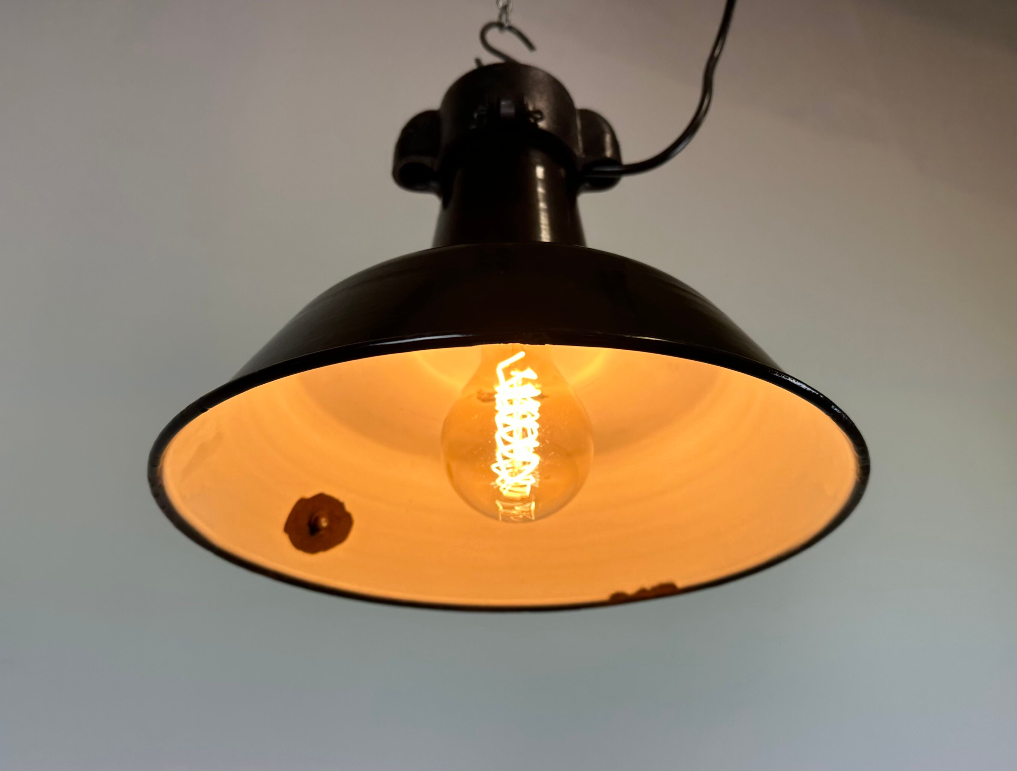 Industrial Black Enamel Factory Lamp with Cast Iron Top, 1960s