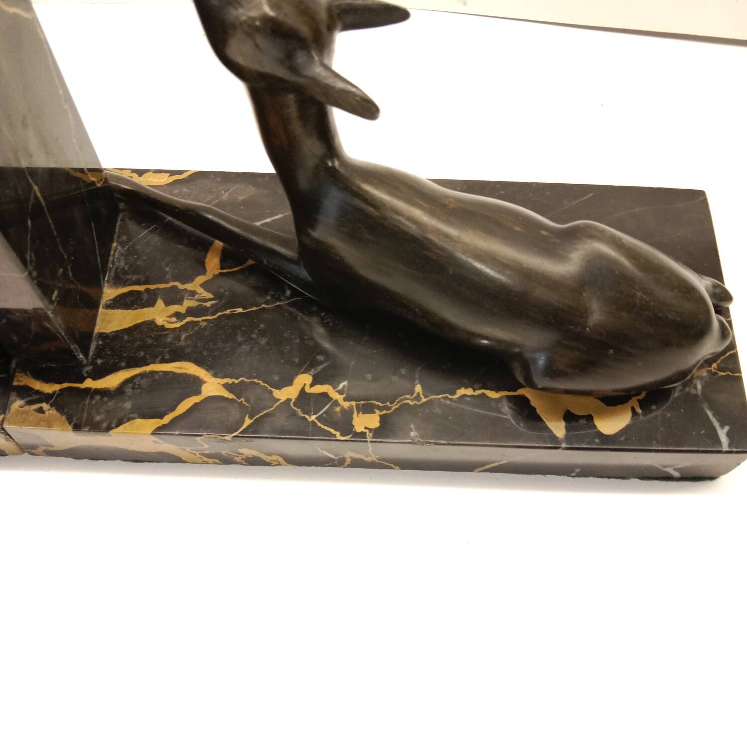 Art Deco Bookends of Doe Lying on Portor Marble