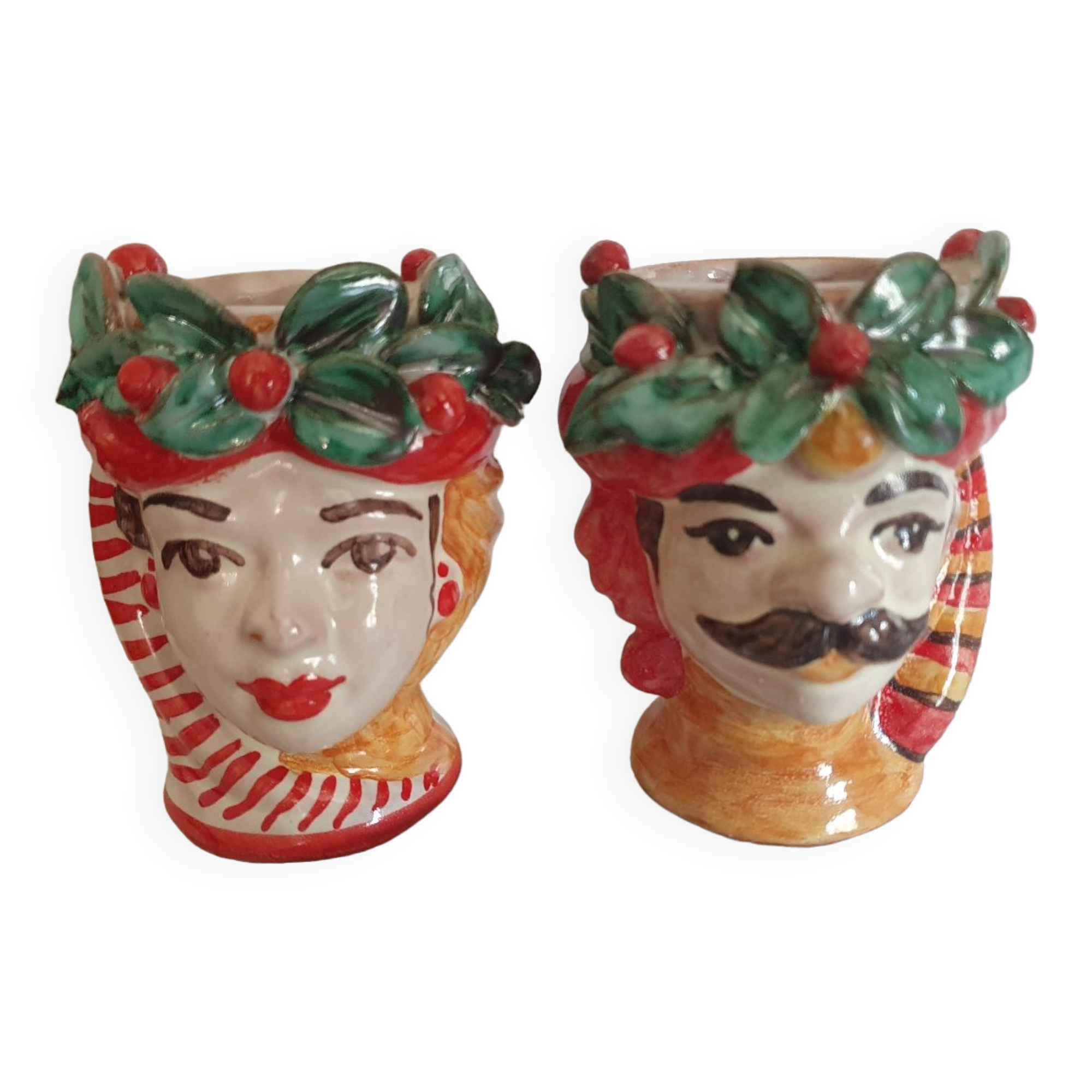 Set of 2 Sicilian vases ceramic heads of caltagirone