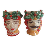 Set of 2 Sicilian vases ceramic heads of caltagirone
