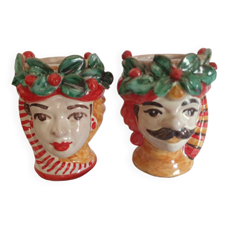 Lot de 2 vases siciliens têtes en céramique de caltagirone