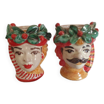 Set of 2 Sicilian vases ceramic heads of caltagirone