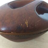Vintage brown ceramic and leather tobacco pot