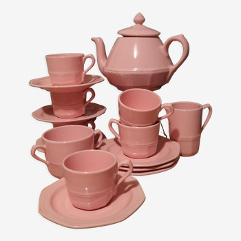 Service à thé rose poudré poudré, décor perlé, théière et 6 tasses, Longchamp - années 80