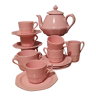 Service à thé rose poudré poudré, décor perlé, théière et 6 tasses, Longchamp - années 80