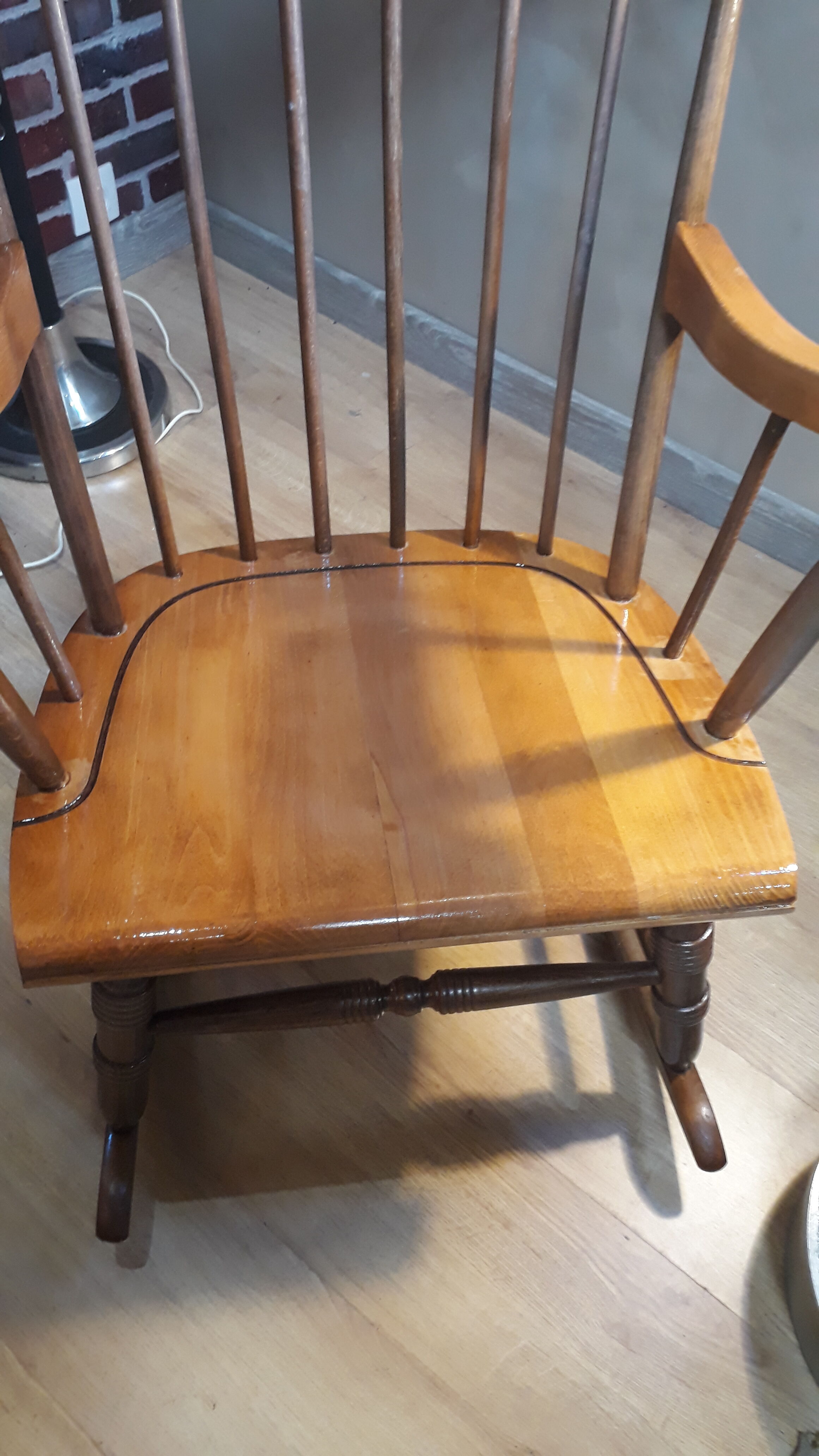 Brown and natural wood rocking chair 1970