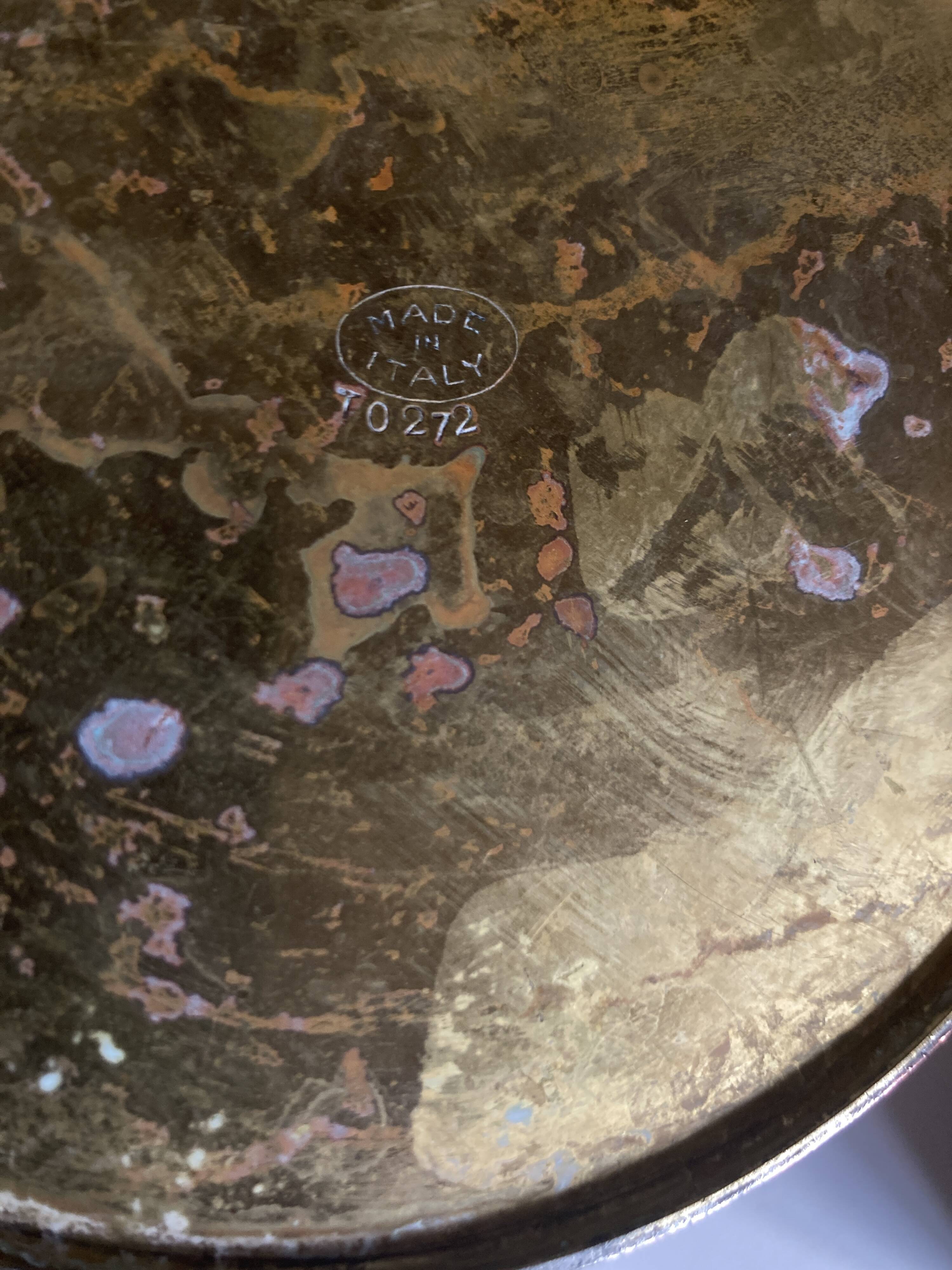 Modernist Italian pitcher design from the 1960s in patinated wood and metal.