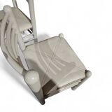 5 x dining chairs / light grey wooden frame / leather seat / Germany 1970s / labeled "ideen für kuchen - innenarchitektur"