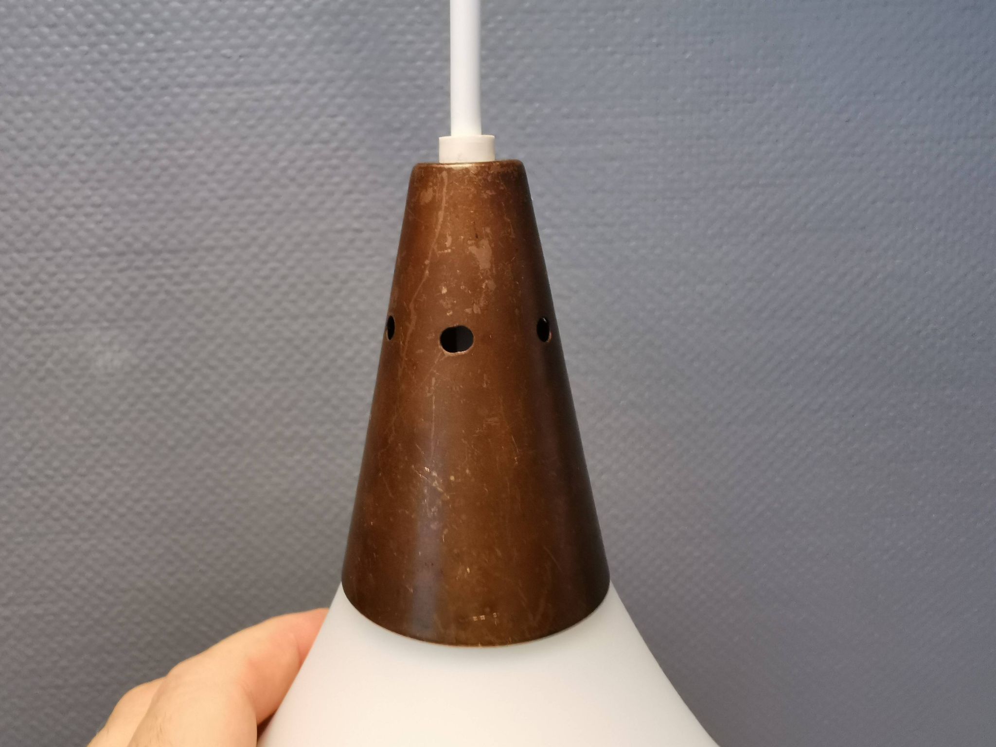 Large hanging lamp in white opal glass with brass top. Danish and estimated from the 1970s.