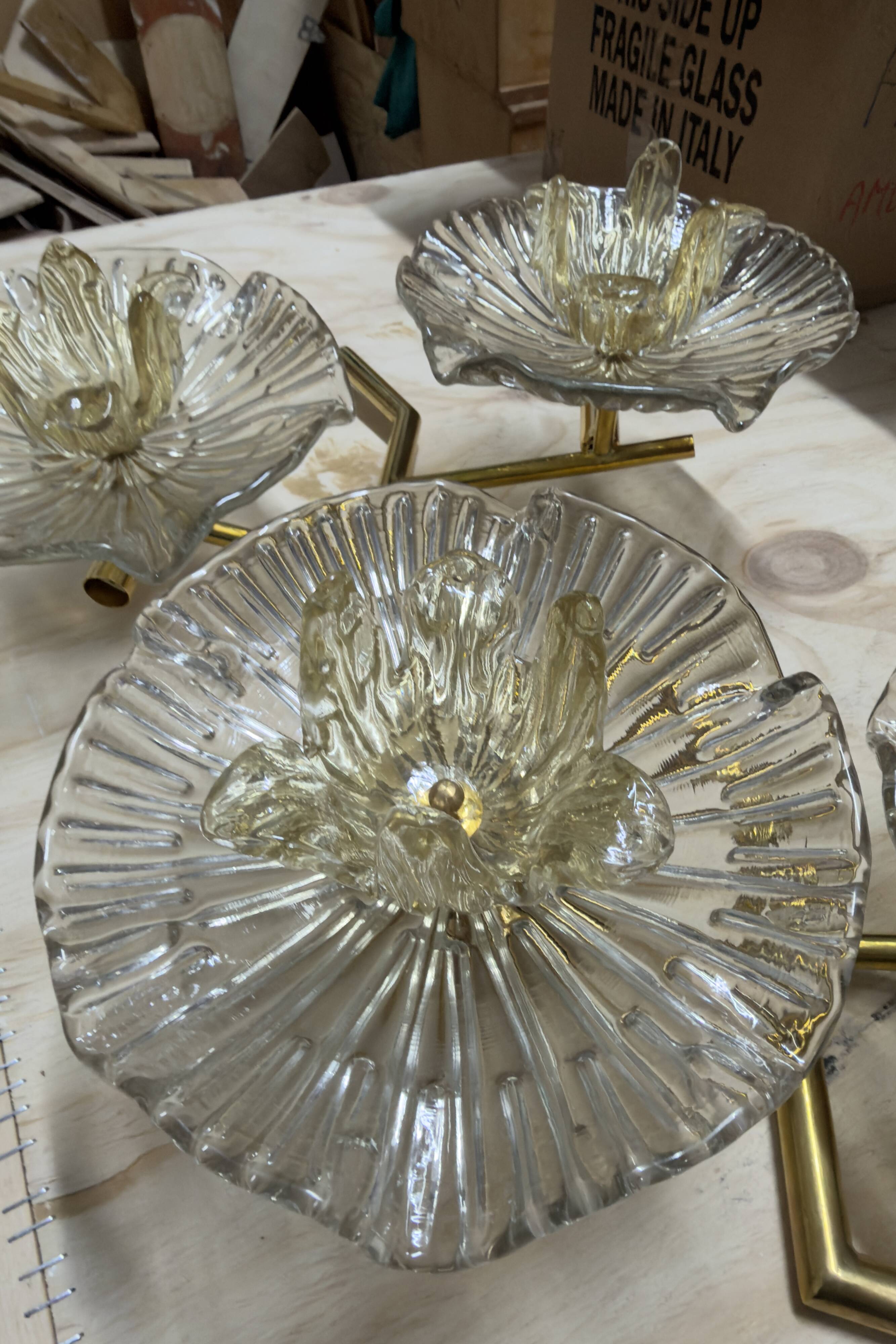 Pair of Modern Italian Murano Glass and Brass Flowers Wall Lamps