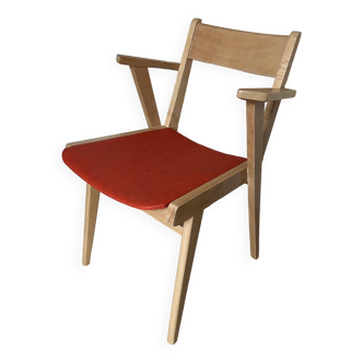 Vintage scandinavian style bridge armchair with armrests, red pvc ski seat