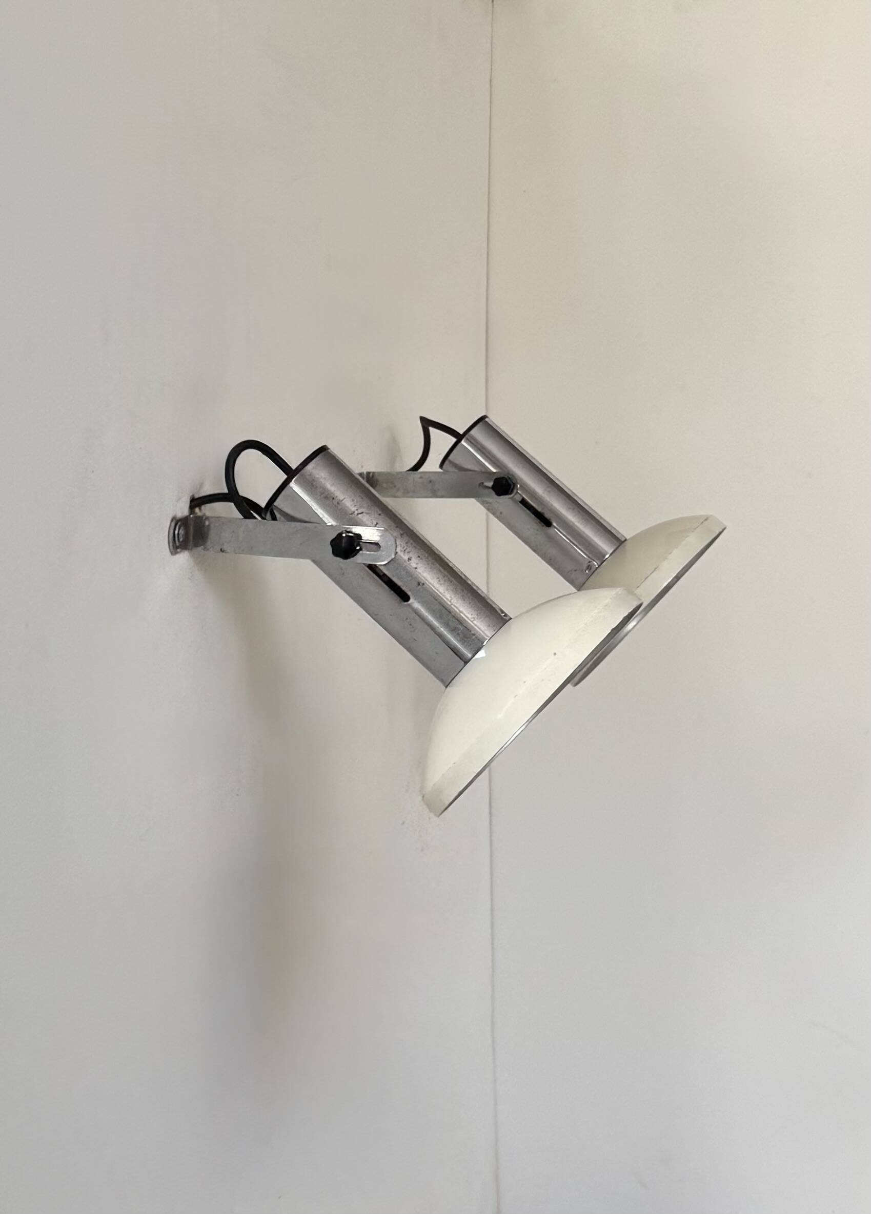 Pair of vintage adjustable wall lights, chrome and white lacquered metal, France 70