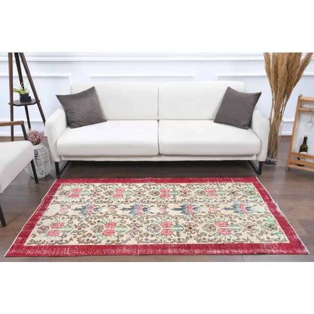 Vintage Turkish Oushak Handmade Wool Cotton Red Area Rug 107x191