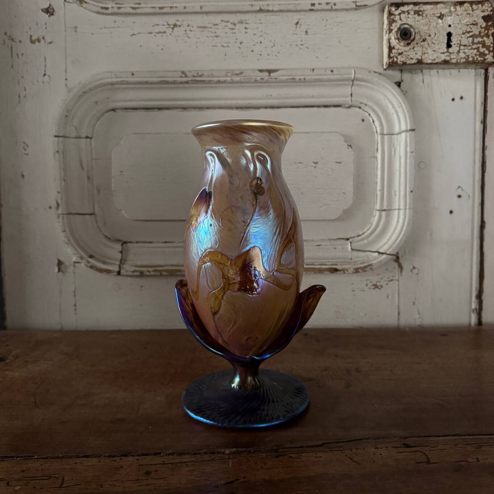 Iridescent glass paste vase signed JP Mateus 1995