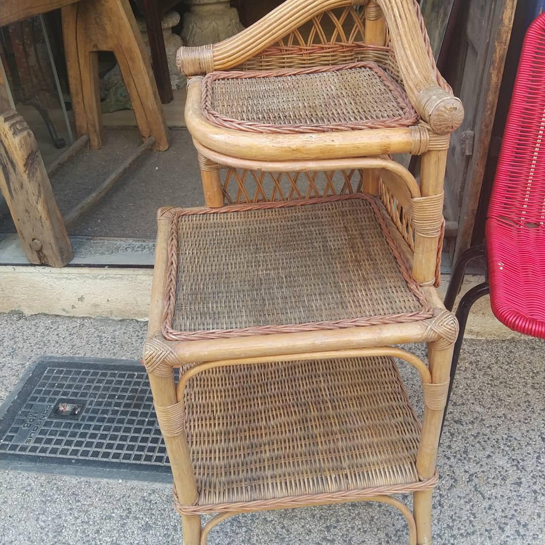 Corner shelf in bamboo and rattan, circa 1975