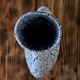 Vintage vase with double handles in blue ceramic and white crisp enamel