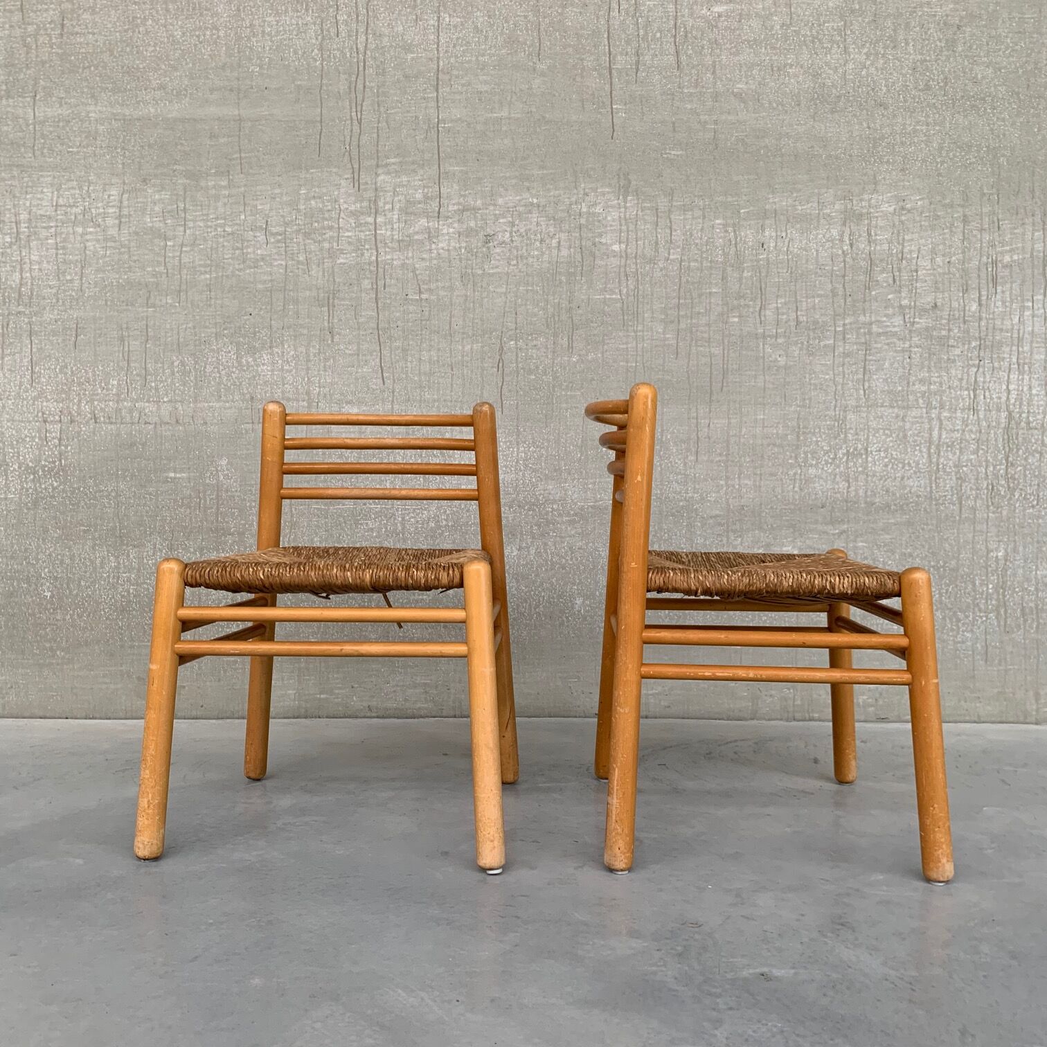 Pair of Pine and Rush Mid-Century Dutch Chairs