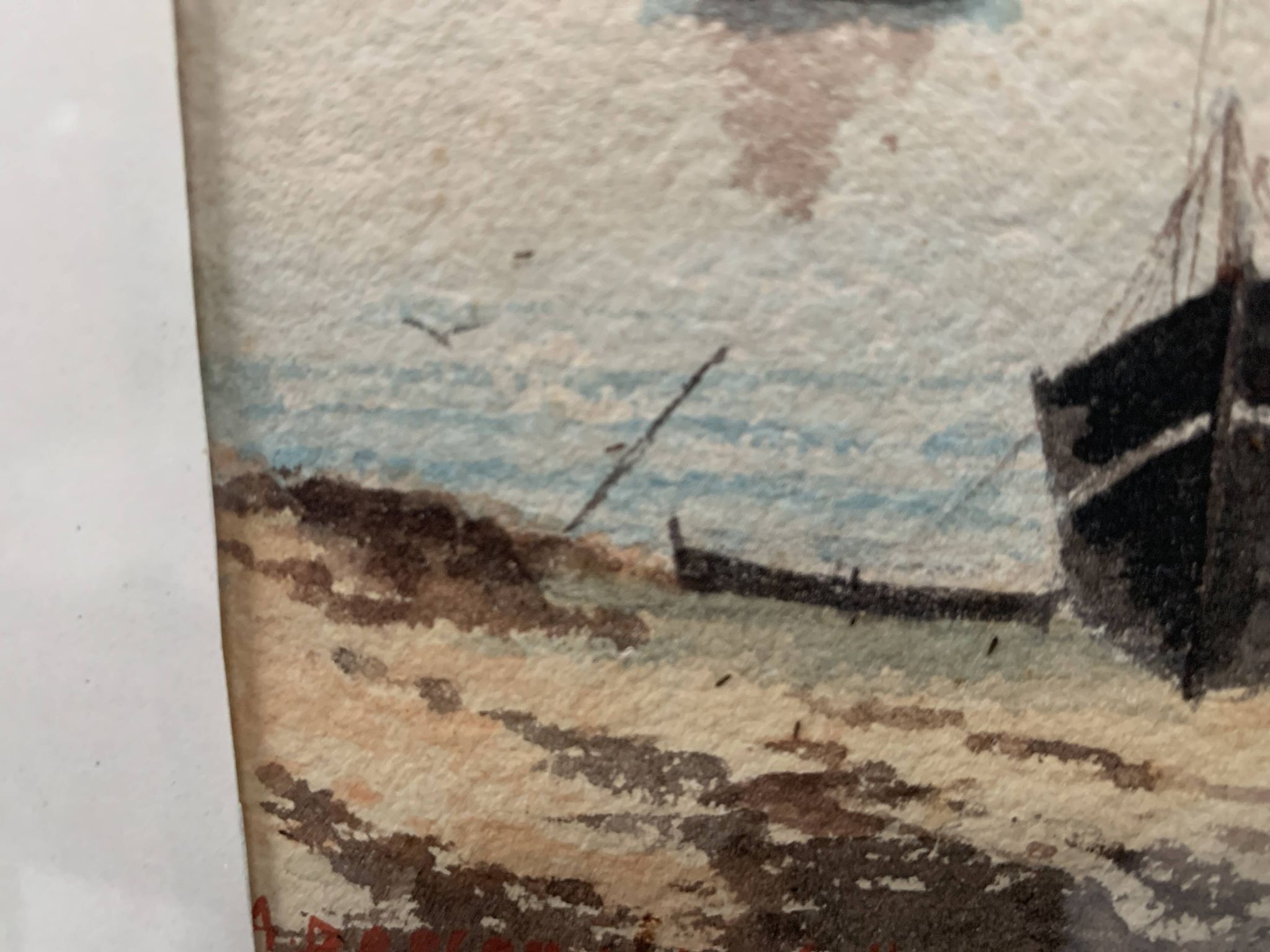Marine watercolor "Sailboat at sea and stranded on the beach" 20th century