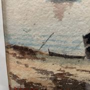 Marine watercolor "Sailboat at sea and stranded on the beach" 20th century