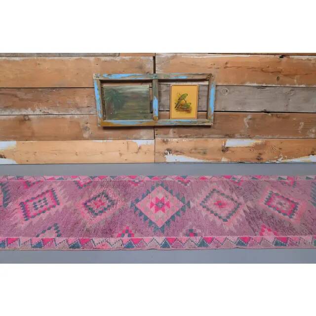 1970s Turkish handmade wool pink diamond runner 82x337