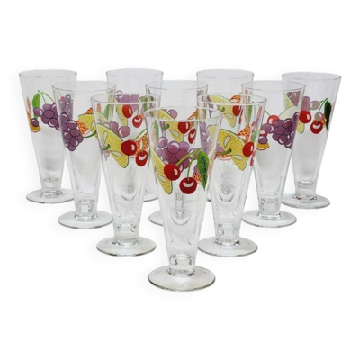 10 verres à orangeade, cocktail vintage Luminarc décor aux fruits multicolores