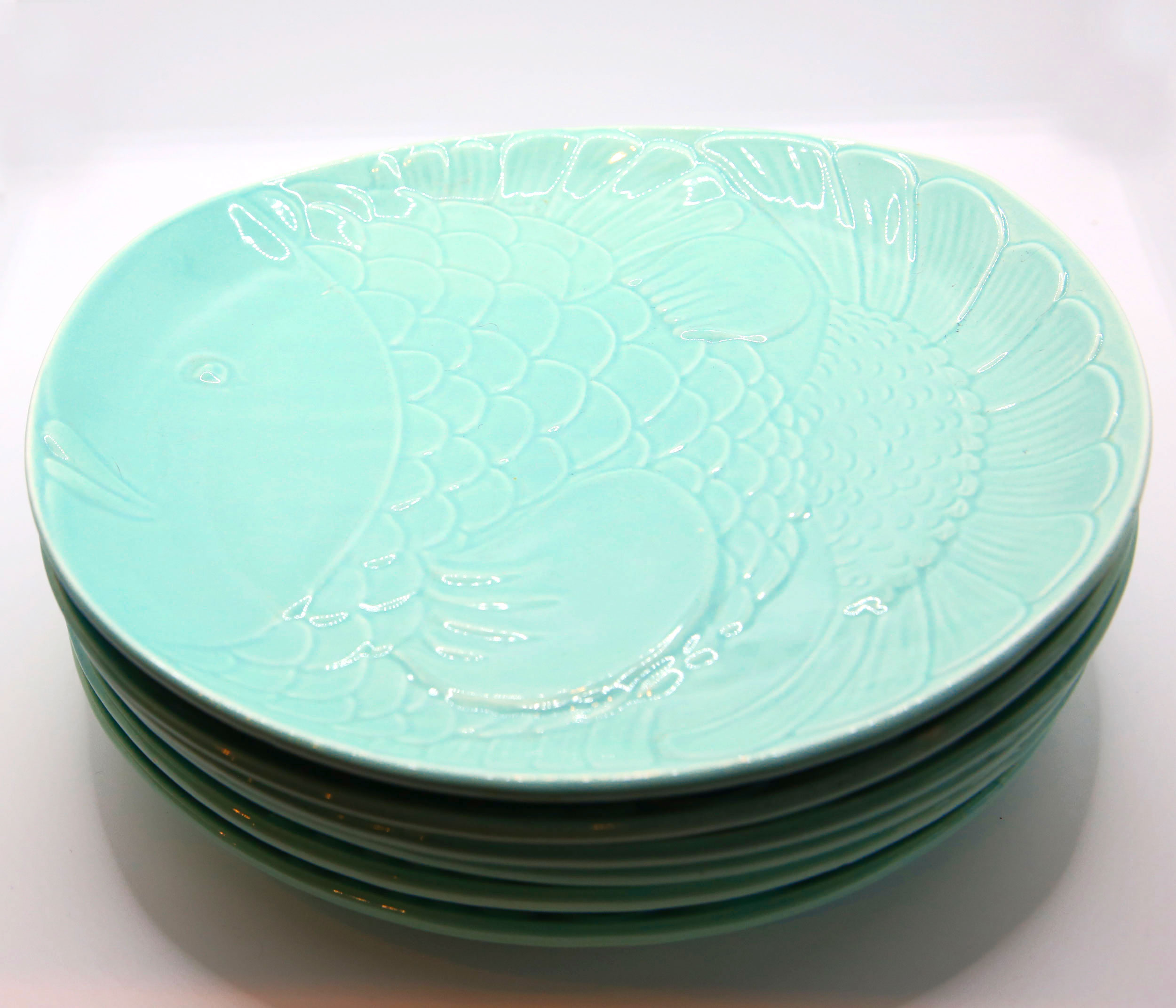 Set of 6 XL fish plates in sky blue earthenware