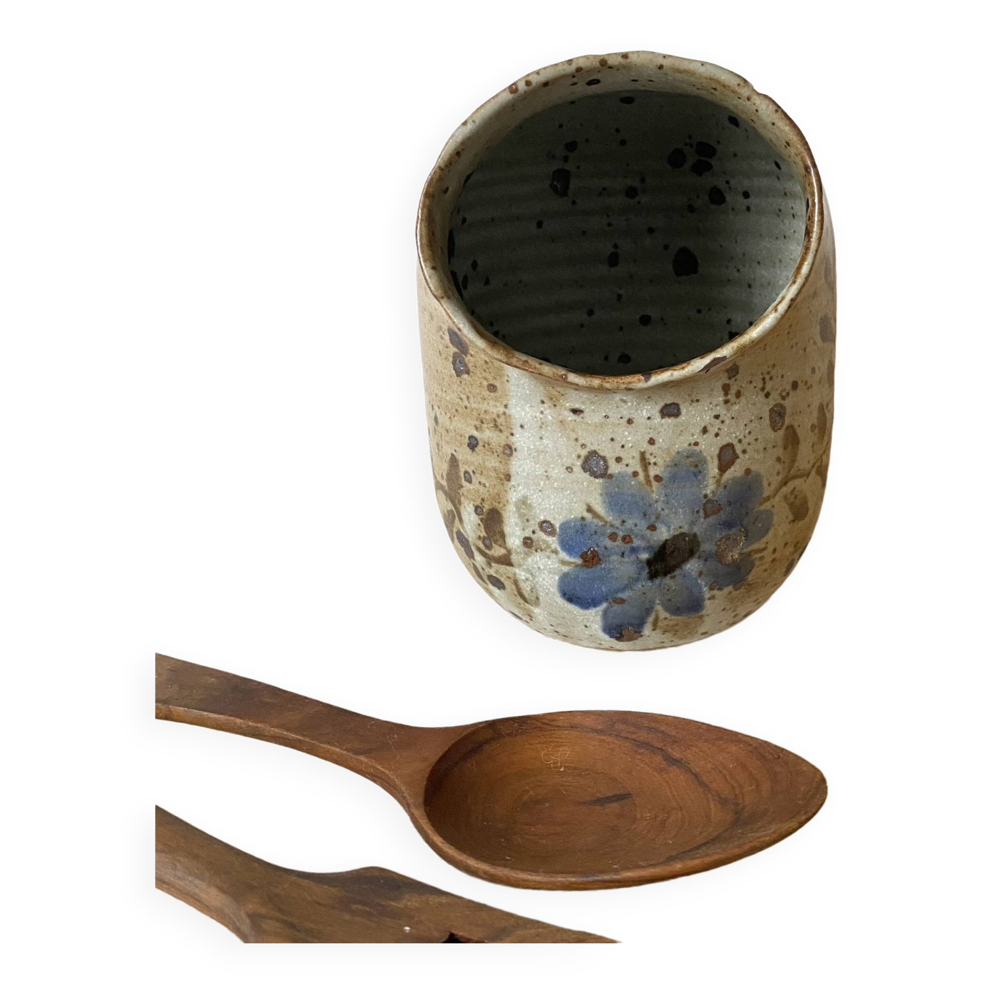 Stoneware salt pot, blue flower decor
