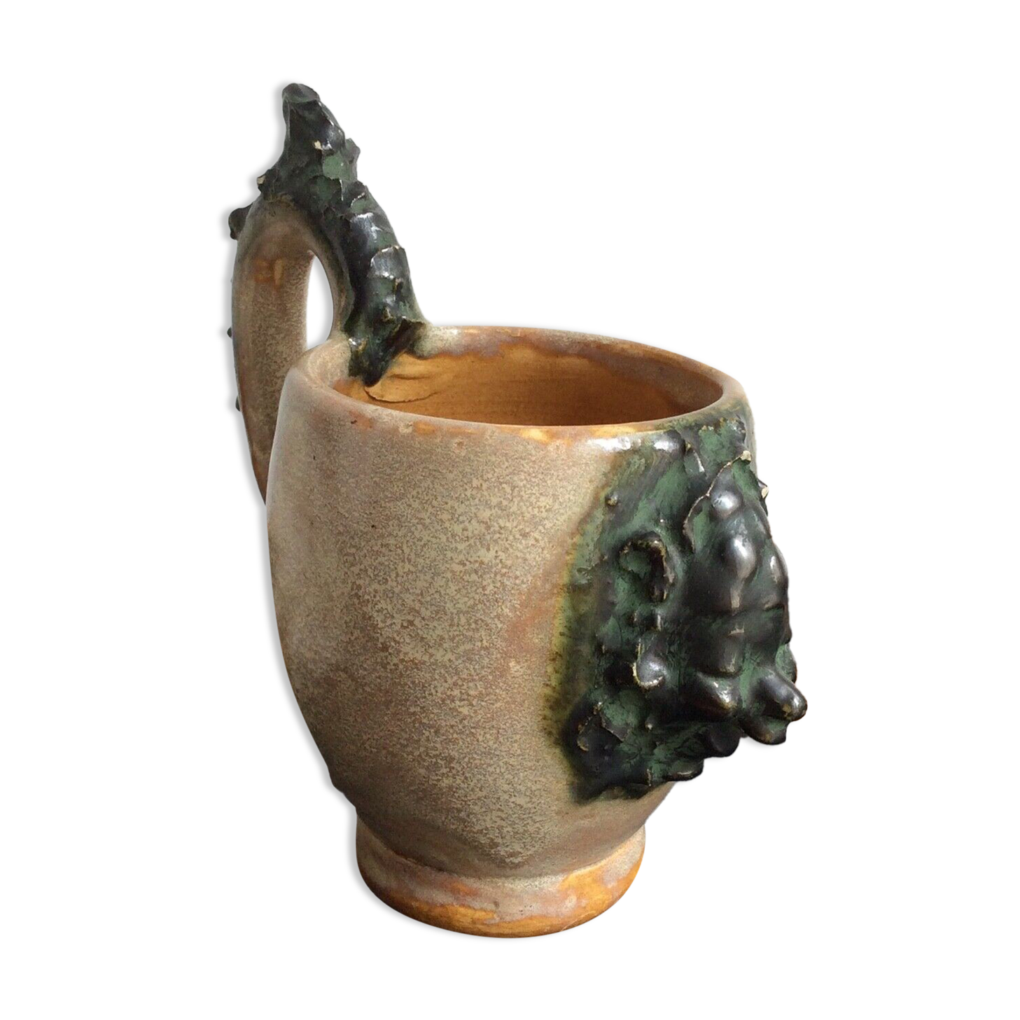 Mug cup with laughing face in sandstone Sylvain Sttublet vintage ceramic 1950
