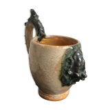 Mug cup with laughing face in sandstone Sylvain Sttublet vintage ceramic 1950