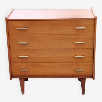 Vintage golden blond oak chest of drawers with 4 spindle feet from the 1950s