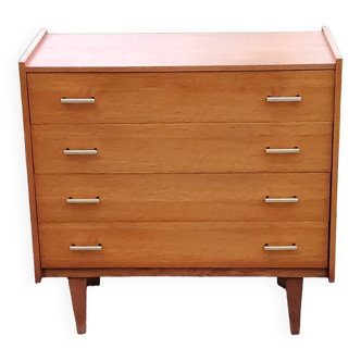 Vintage golden blond oak chest of drawers with 4 spindle feet from the 1950s