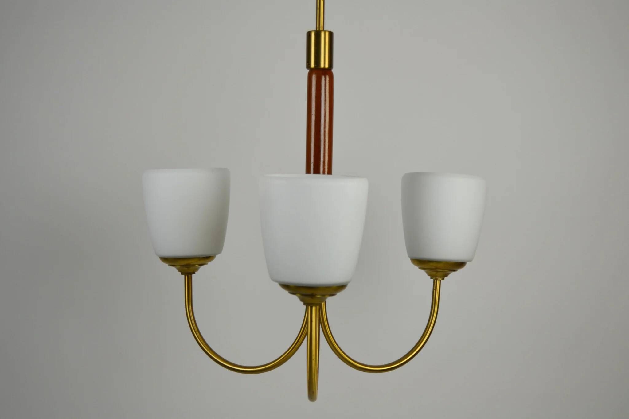 Scandinavian Modern Three-Light Pendant in Brass, Teak and Opaline Glass, 1960s