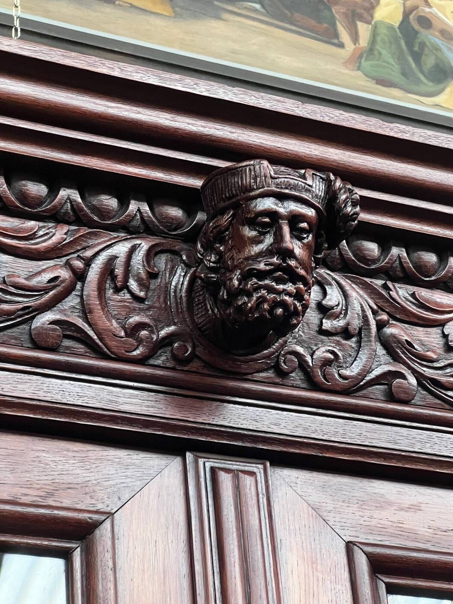 Library and buffet in antique Renaissance style. Beautiful sculptures. Solid oak. France. 19th century.