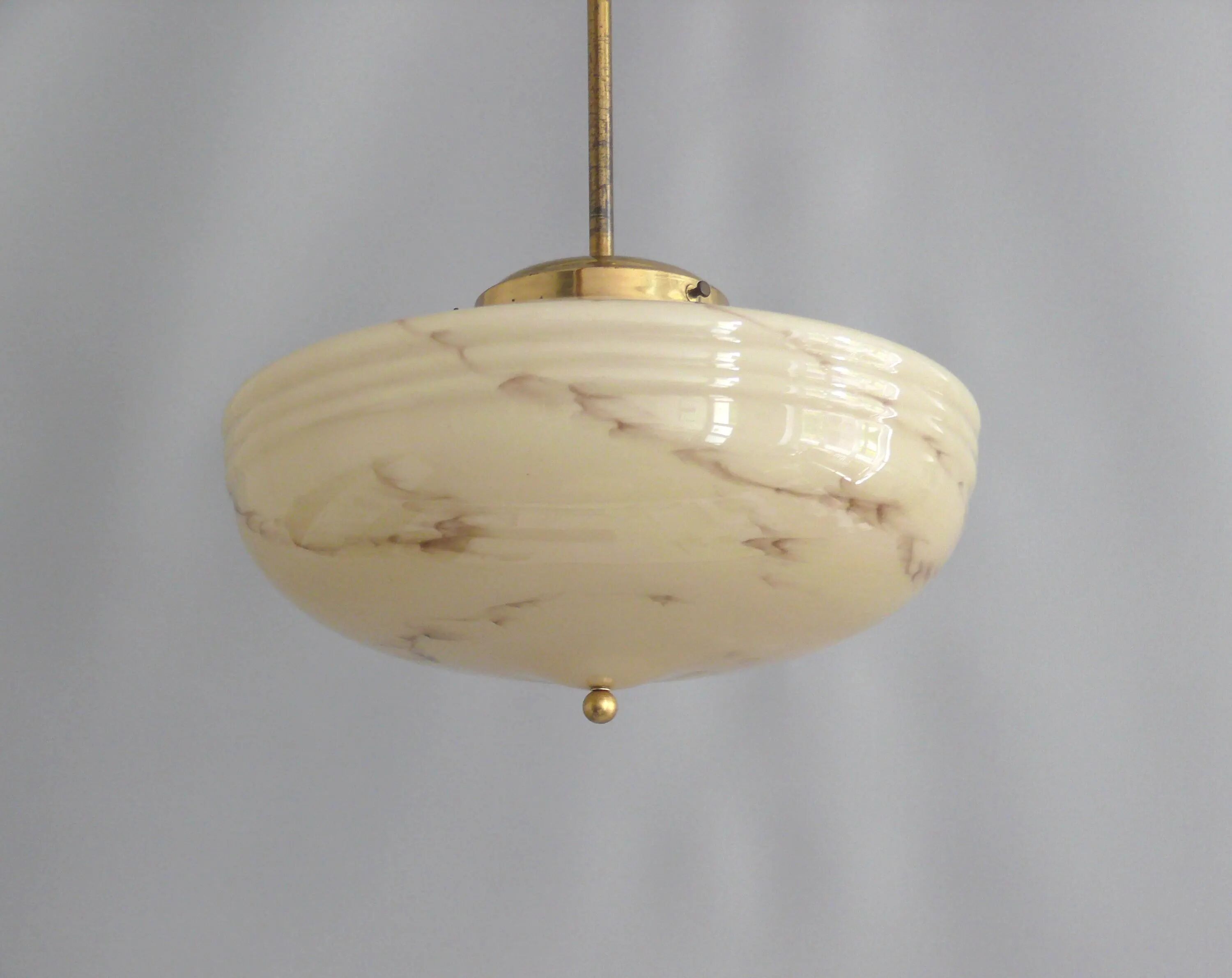 Art Deco Pendant Lamp, Beige Marble, Brass Suspension - 1930s
