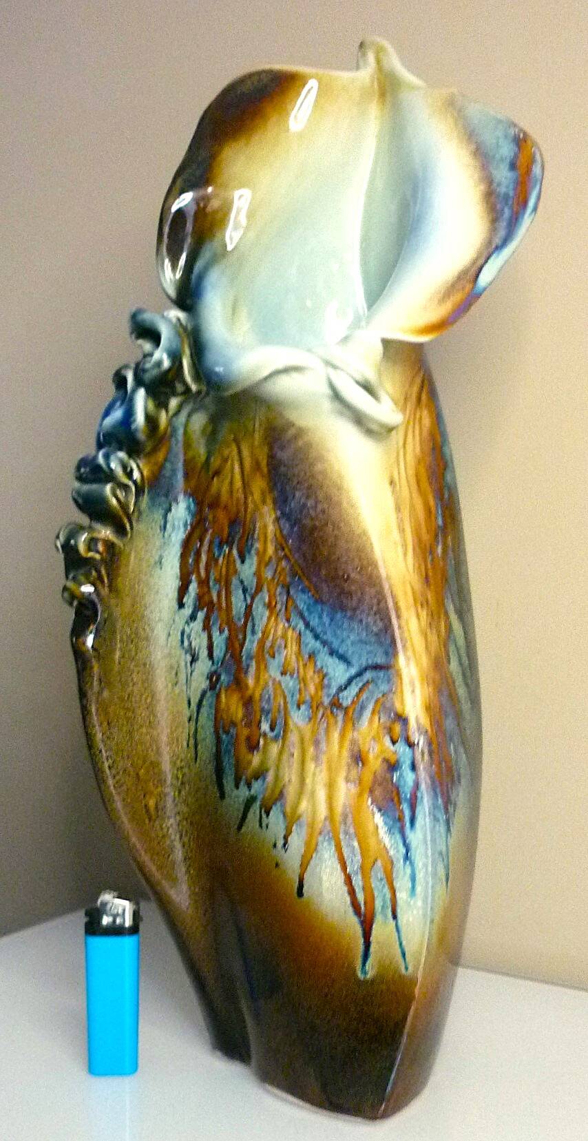 Glazed ceramic vase, unique piece, signed D. Prioton, shell neck