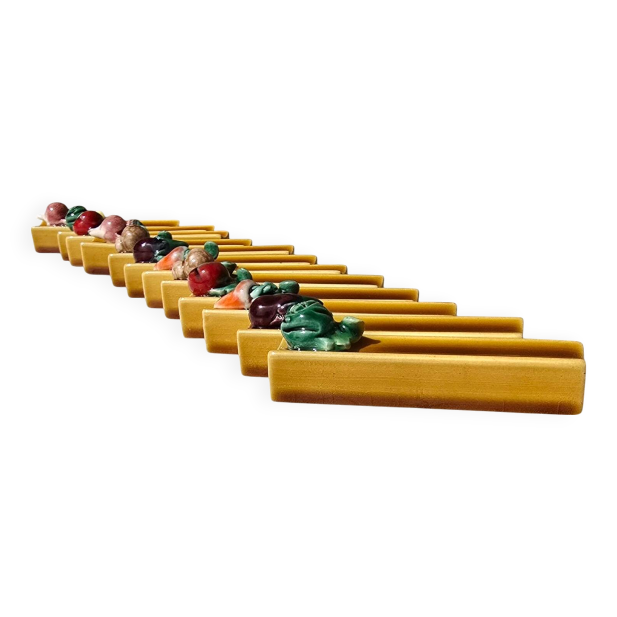 Set of twelve Vallauris majolica vegetable knife holders, 1950