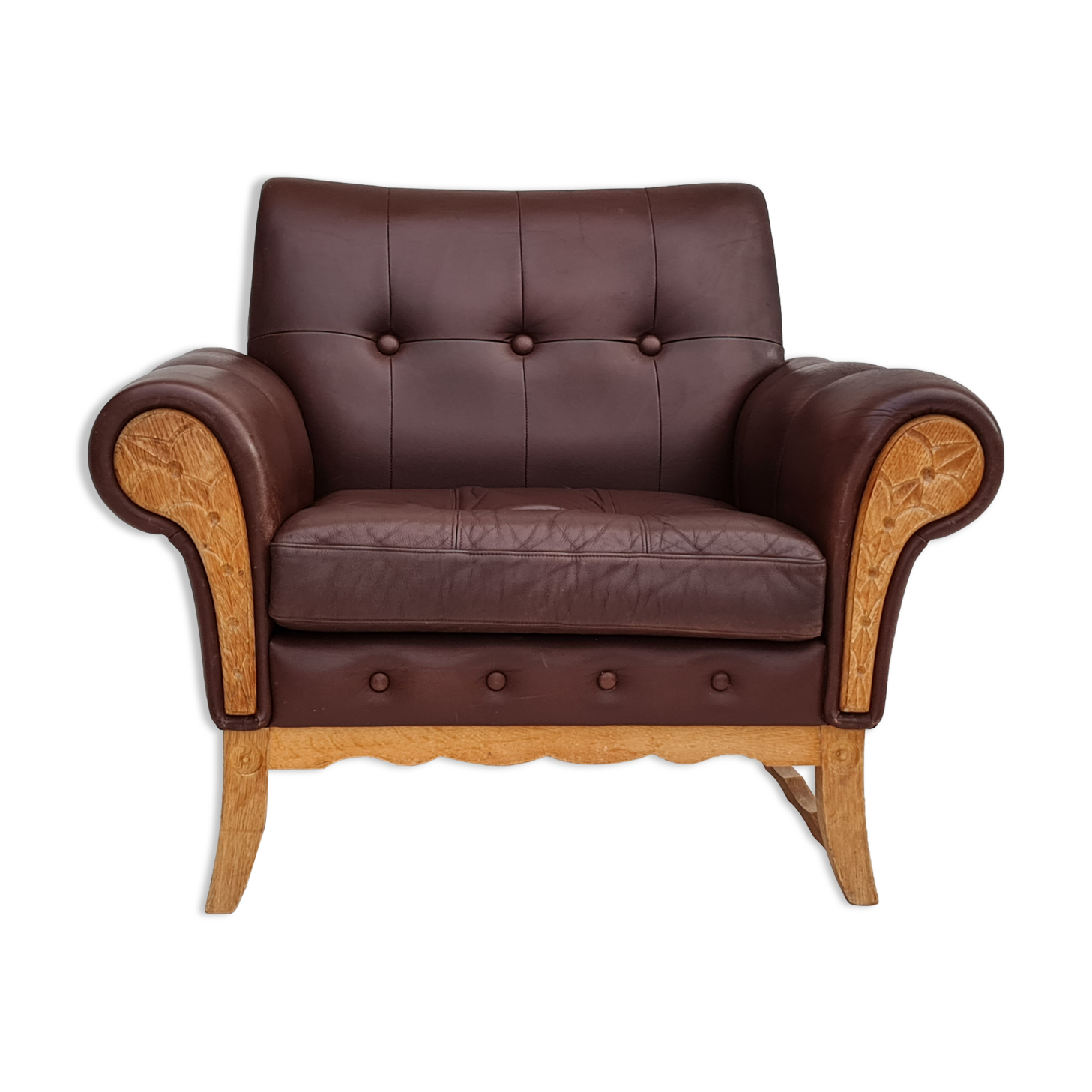 Fauteuil danois vintage, années 1970, cuir, bois de chêne