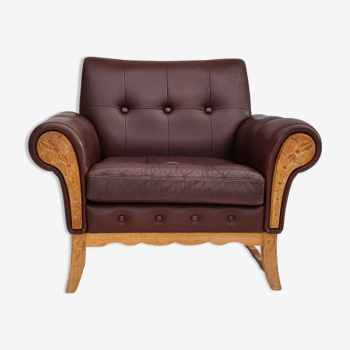 1970s, vintage Danish armchair, leather, oak wood