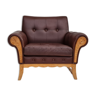 1970s, vintage Danish armchair, leather, oak wood