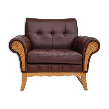 Fauteuil danois vintage, années 1970, cuir, bois de chêne